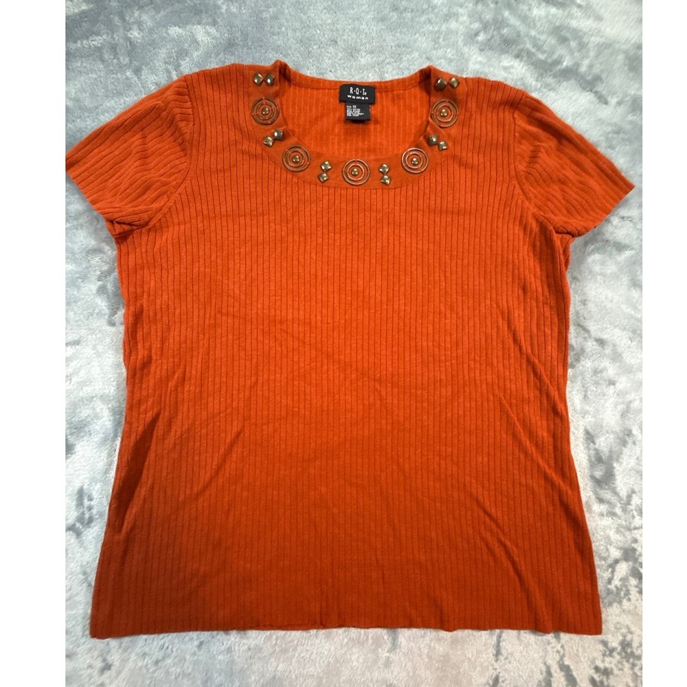 RQT Burnt Orange Ribbed Knit Short Sleeve Embellished Scoop Neck Top Shirt 1X